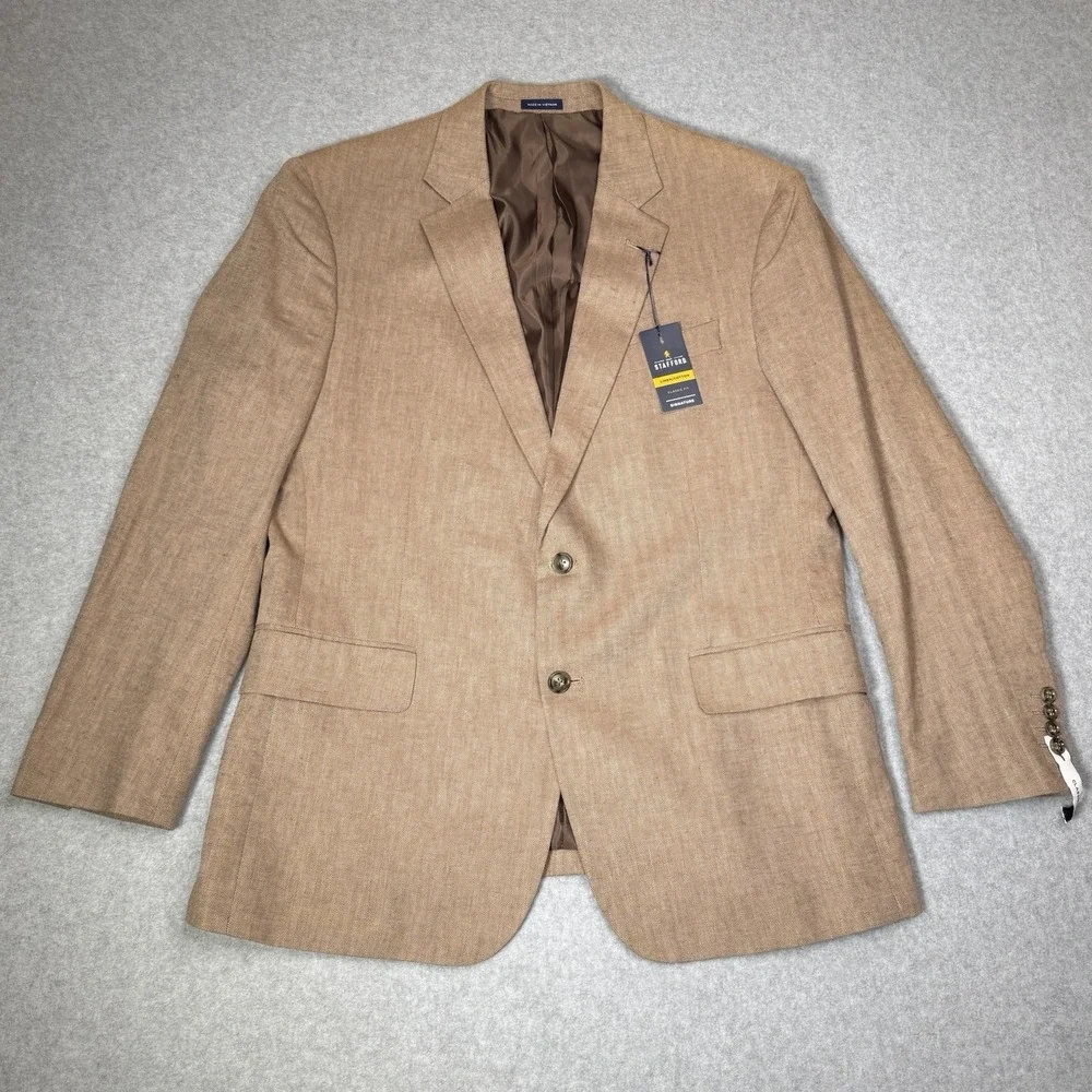 Stafford Signature Classic Brown Herringbone Linen Cotton Sport Coat Men's 44 S